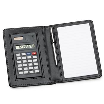 Bloco de Anotações de couro sintético com Calculadora e Caneta