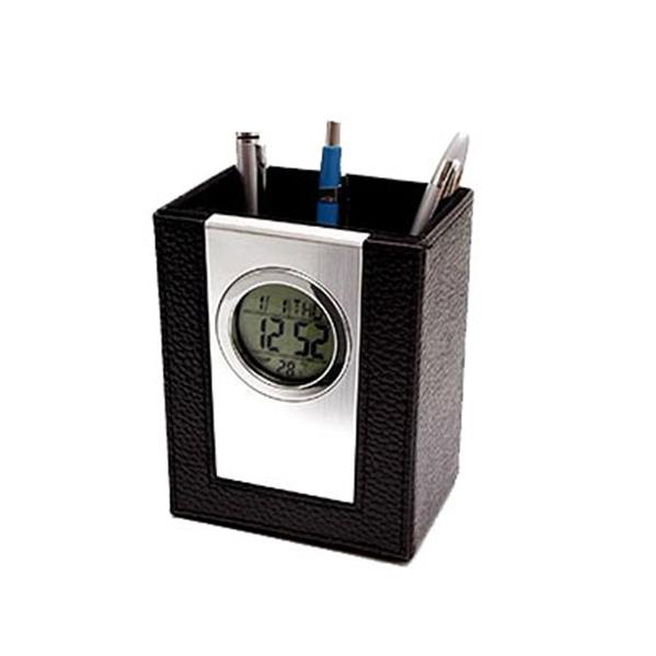 Relógio digital com porta caneta de couro sintético
